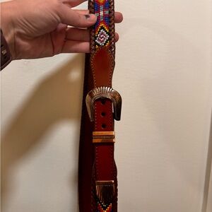 Beaded Leather Belt with Buckle